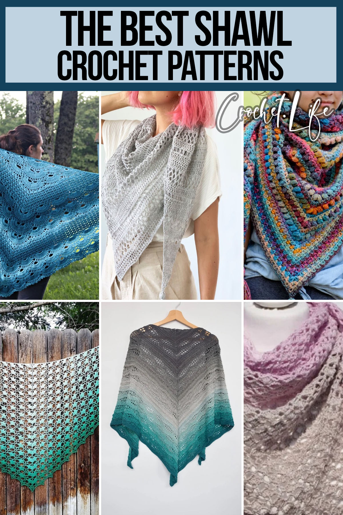 photo collage of patterns for crocheted shawls with text which reads the best shawl crochet patterns