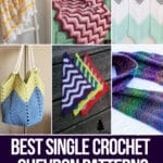 photo collage of chevron crochet patterns with text which reads best single crochet chevron patterns curated by crochet.life