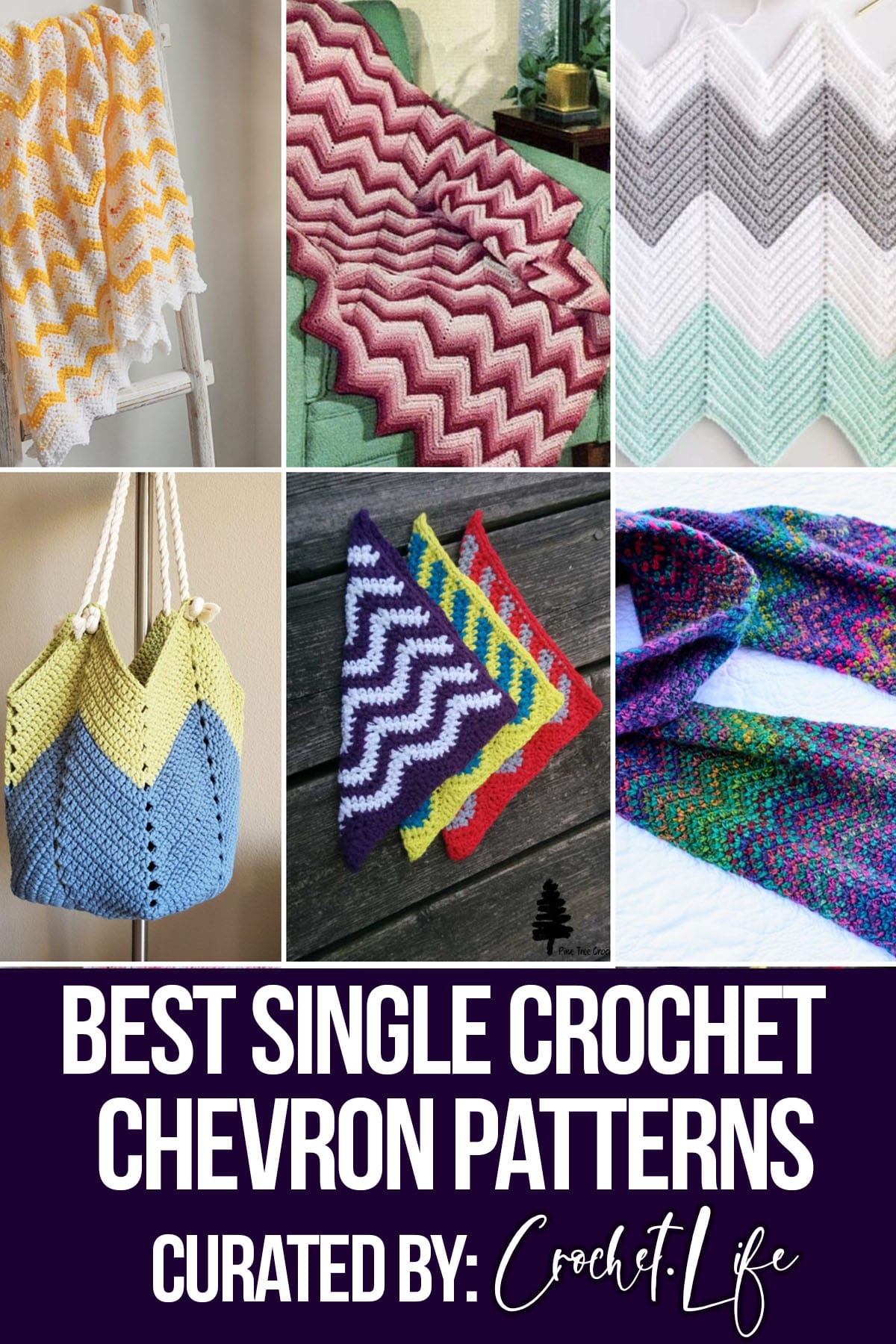 photo collage of chevron crochet patterns with text which reads best single crochet chevron patterns curated by crochet.life