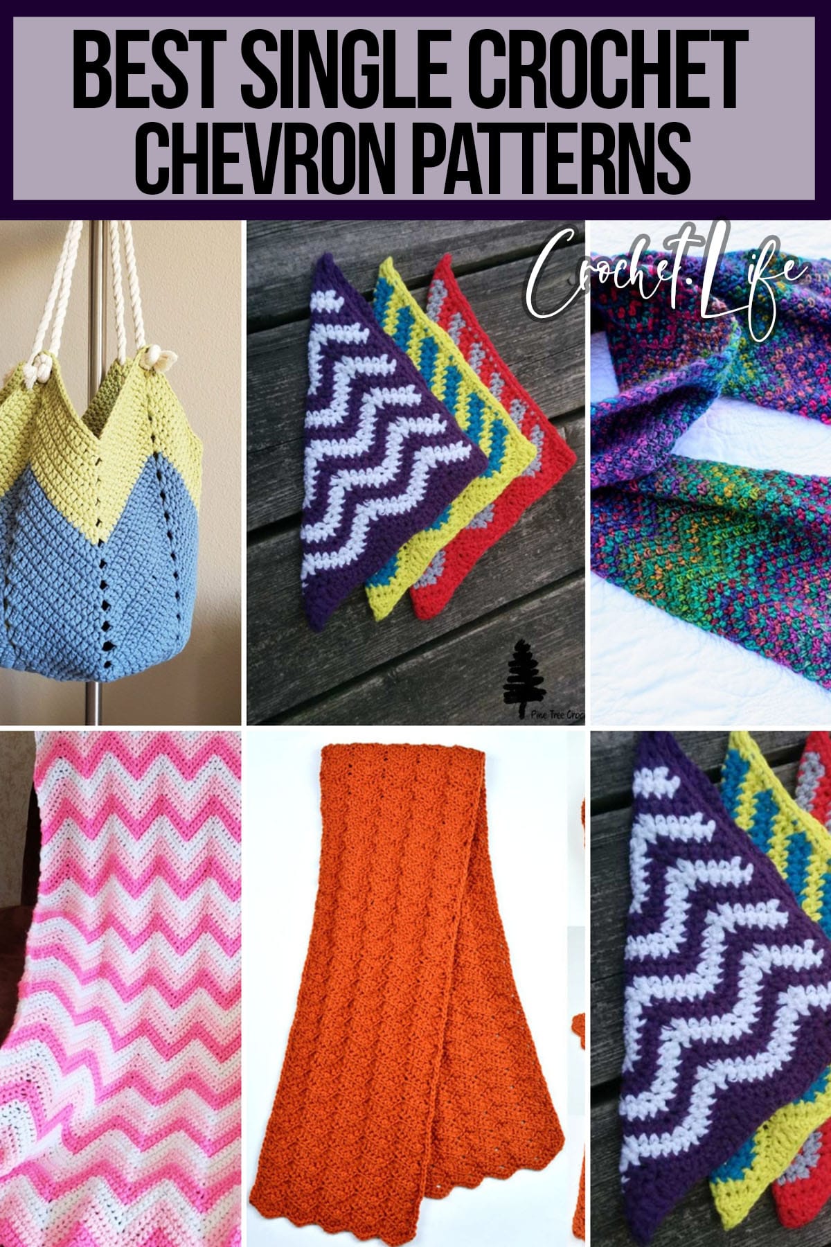 photo collage of crochet chevron patterns with text which reads best single crochet chevron patterns