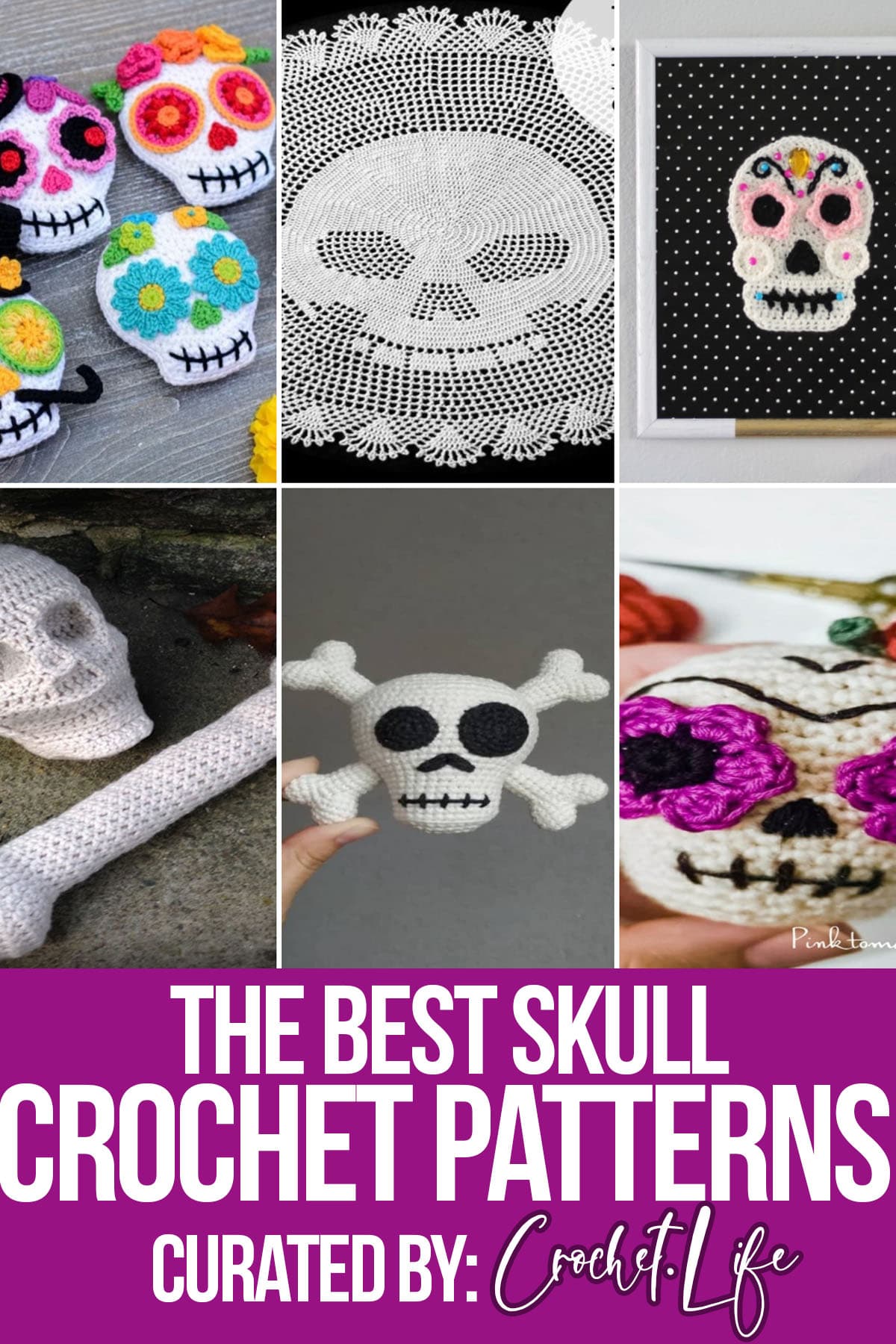 photo collage of crochet patterns for skulls with text which reads the best skull crochet patterns curated by crochet.life