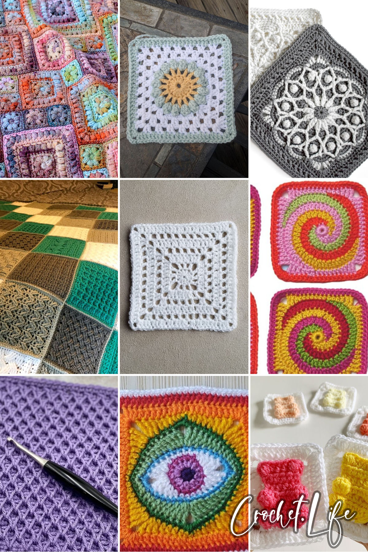 photo collage of crochet square patterns