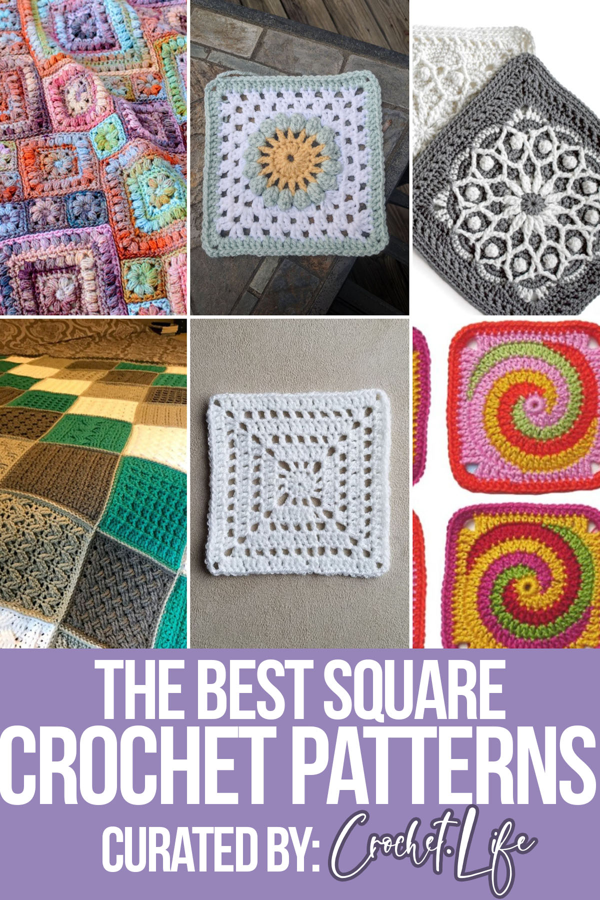 photo collage of crochet patterns for squares with text which reads the best square crochet patterns curated by crochet.life