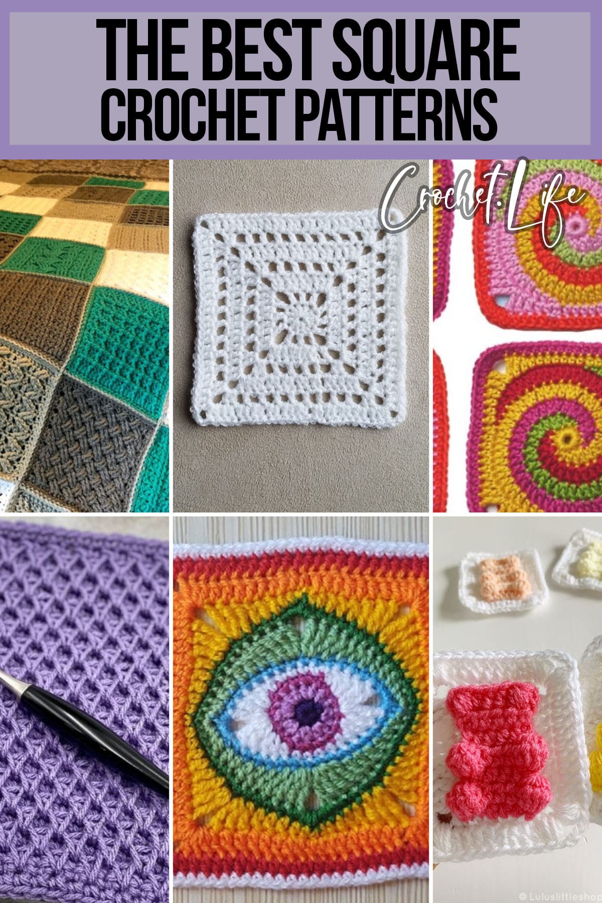 photo collage of crochet patterns for squares with text which reads the best square crochet patterns