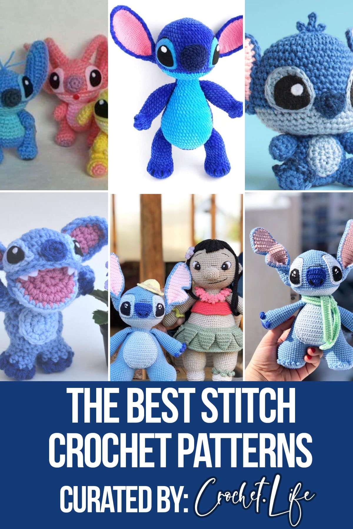 photo collage of crochet patterns for stitch with text which reads the best stitch crochet patterns curated by crochet.life
