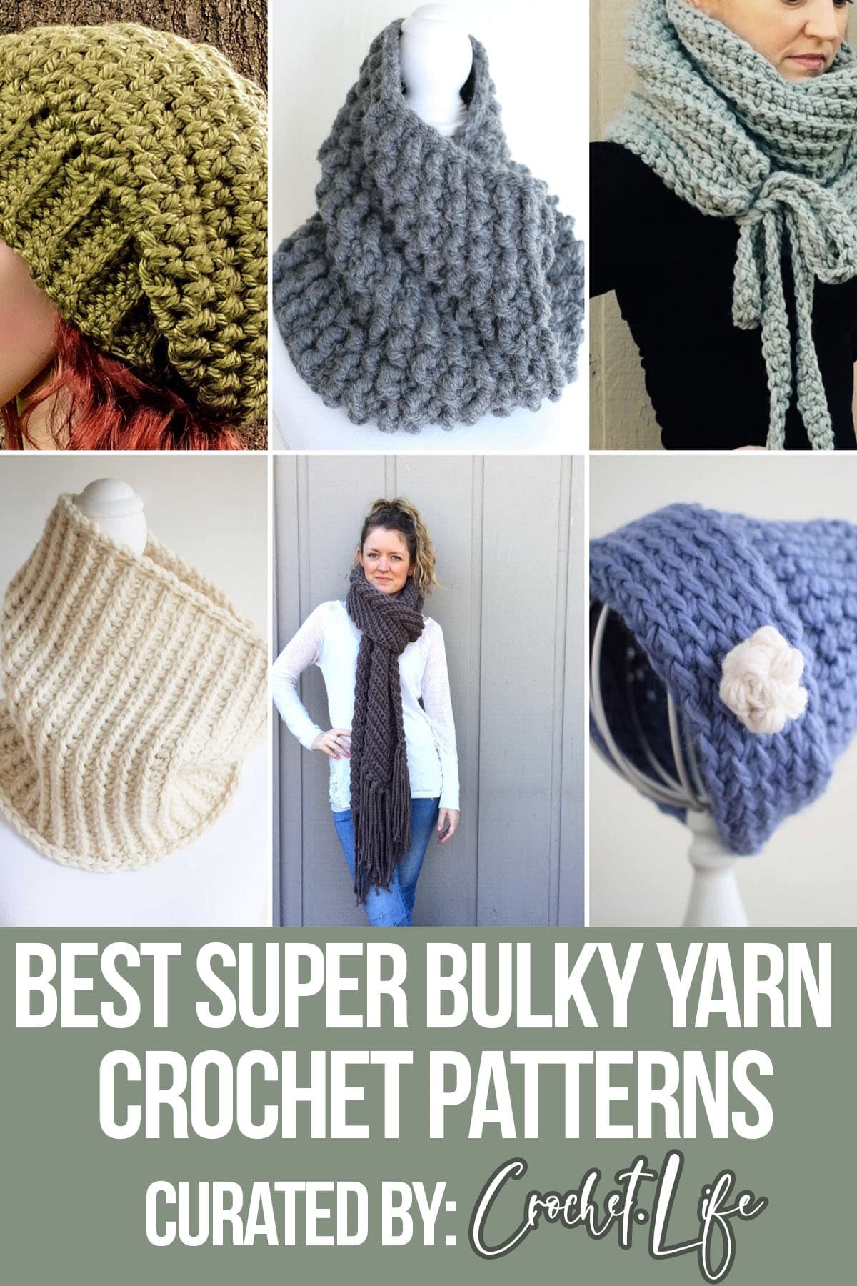 photo collage of super bulky yarn crochet patterns with text which reads best super bulky yarn crochet patterns curated by crochet.life
