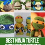photo collage of crochet ninja turtle patterns with text which reads best ninja turtle crochet patterns curated by crochet.life