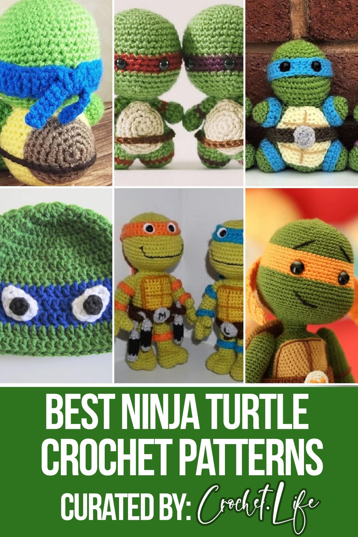 photo collage of crochet ninja turtle patterns with text which reads best ninja turtle crochet patterns curated by crochet.life