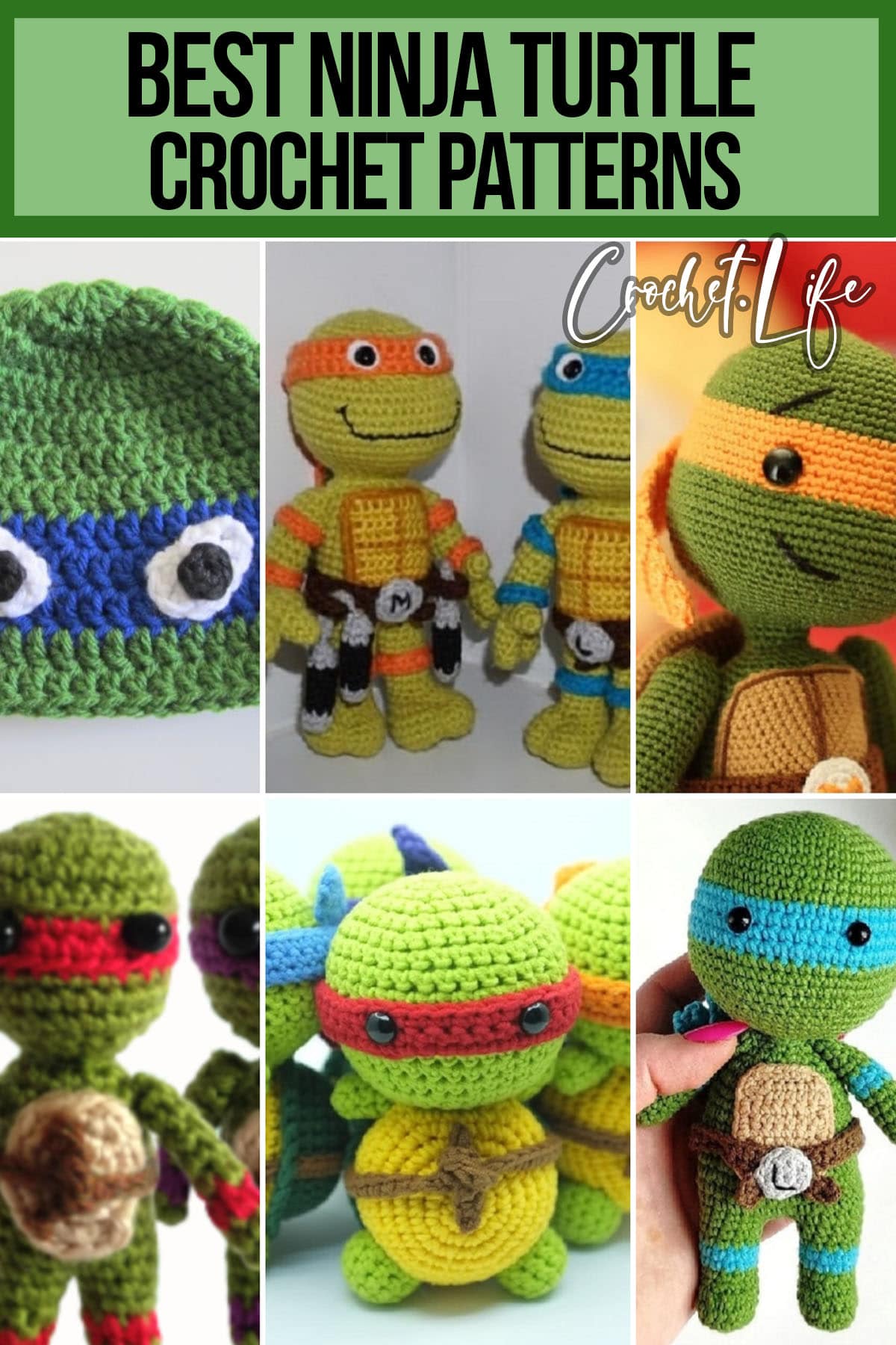 photo collage of crochet patterns for ninja turtles with text which reads best ninja turtle crochet patterns