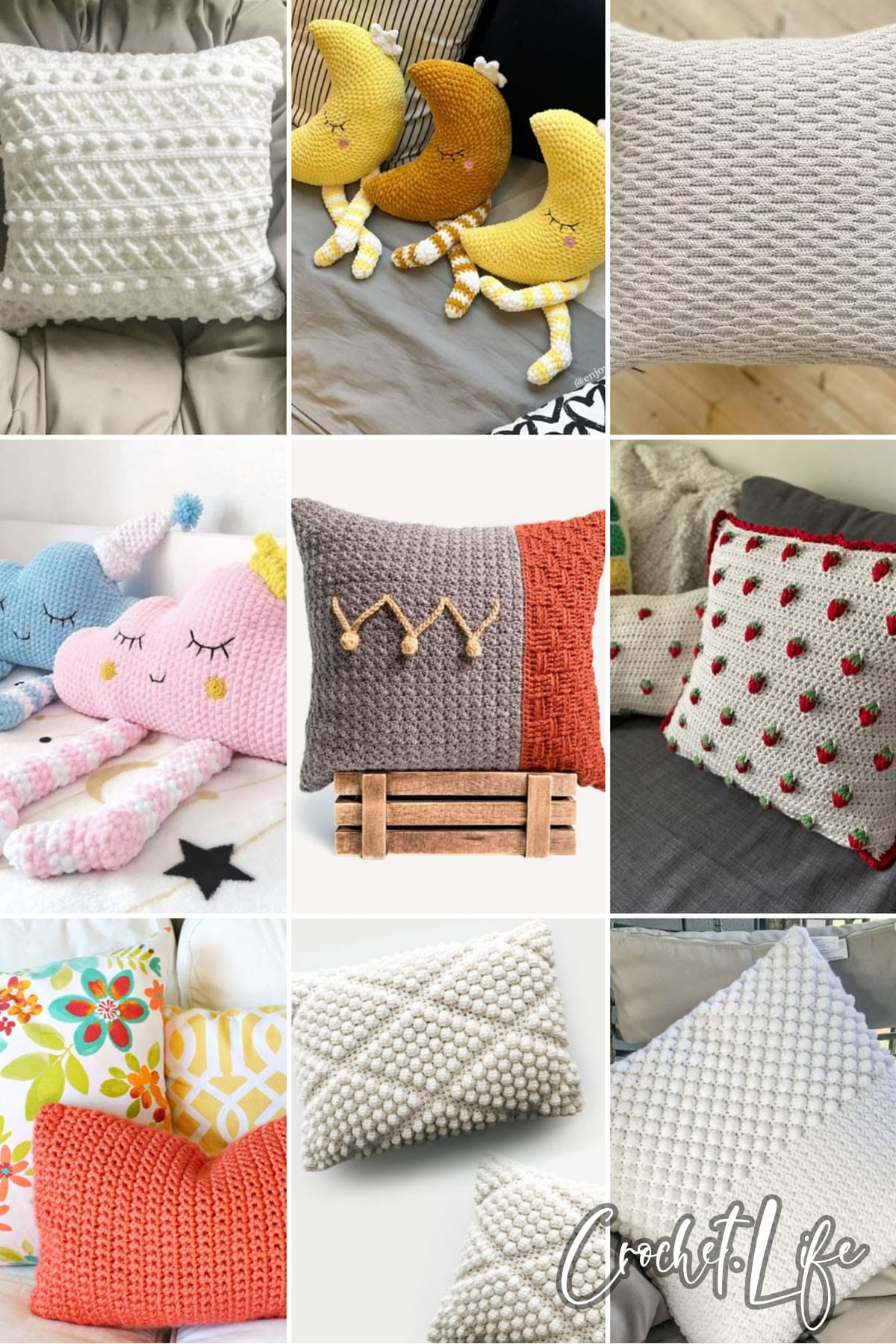 photo collage of crochet throw pillow patterns 
