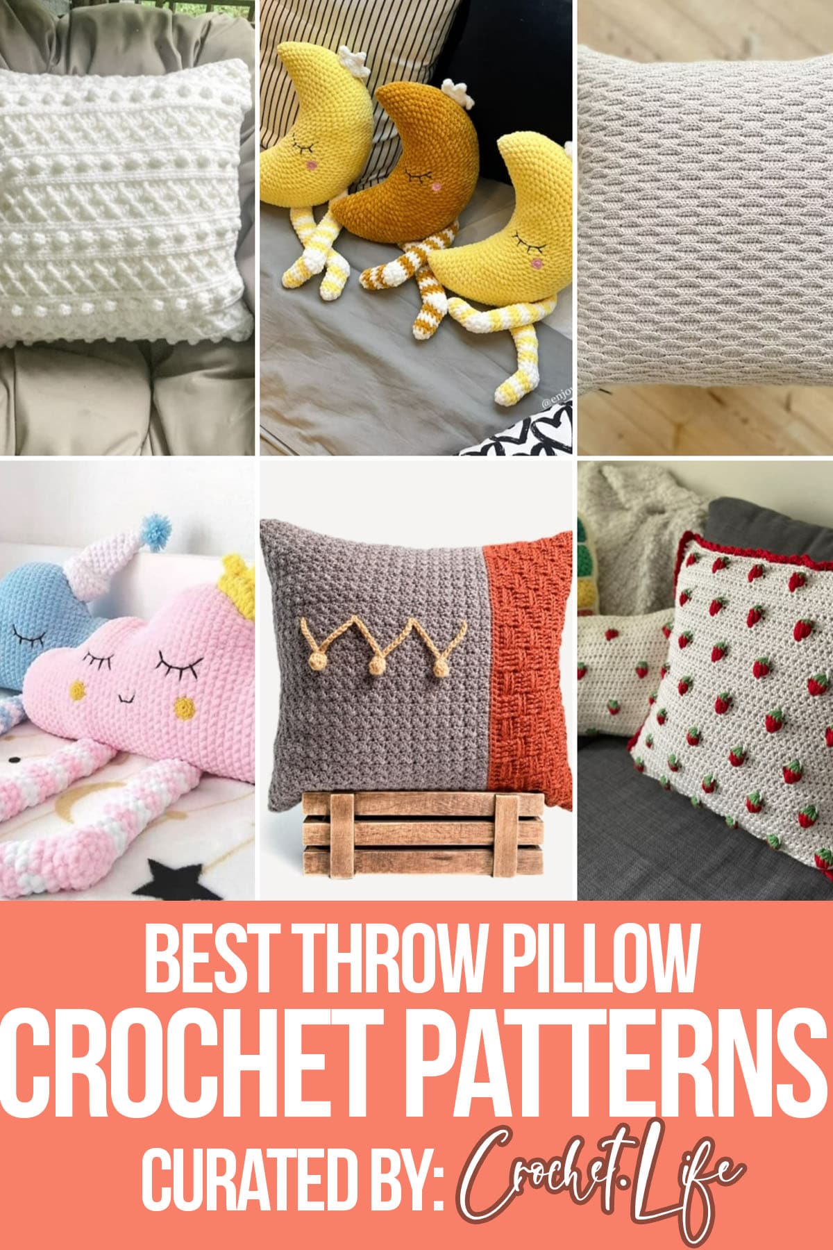 photo collage of crochet patterns for throw pillows with text which reads best throw pillow crochet patterns curated by crochet.life