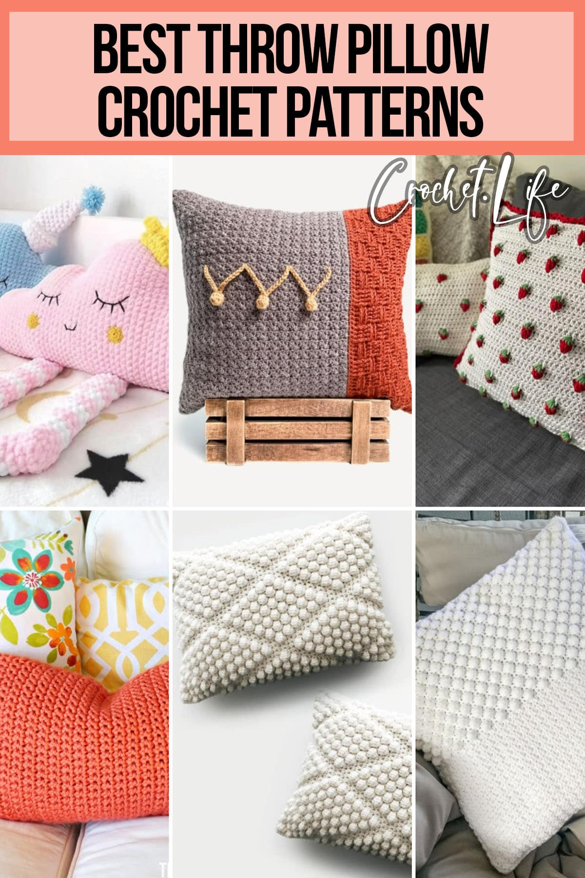 photo collage of patterns for crocheted throw pillows with text which reads best throw pillow crochet patterns 