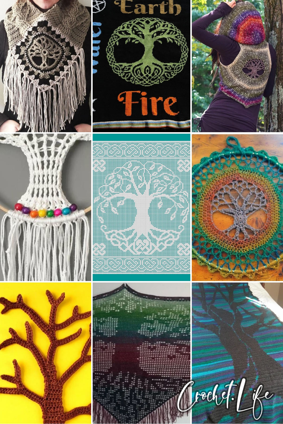 photo collage of crochet tree of life patterns