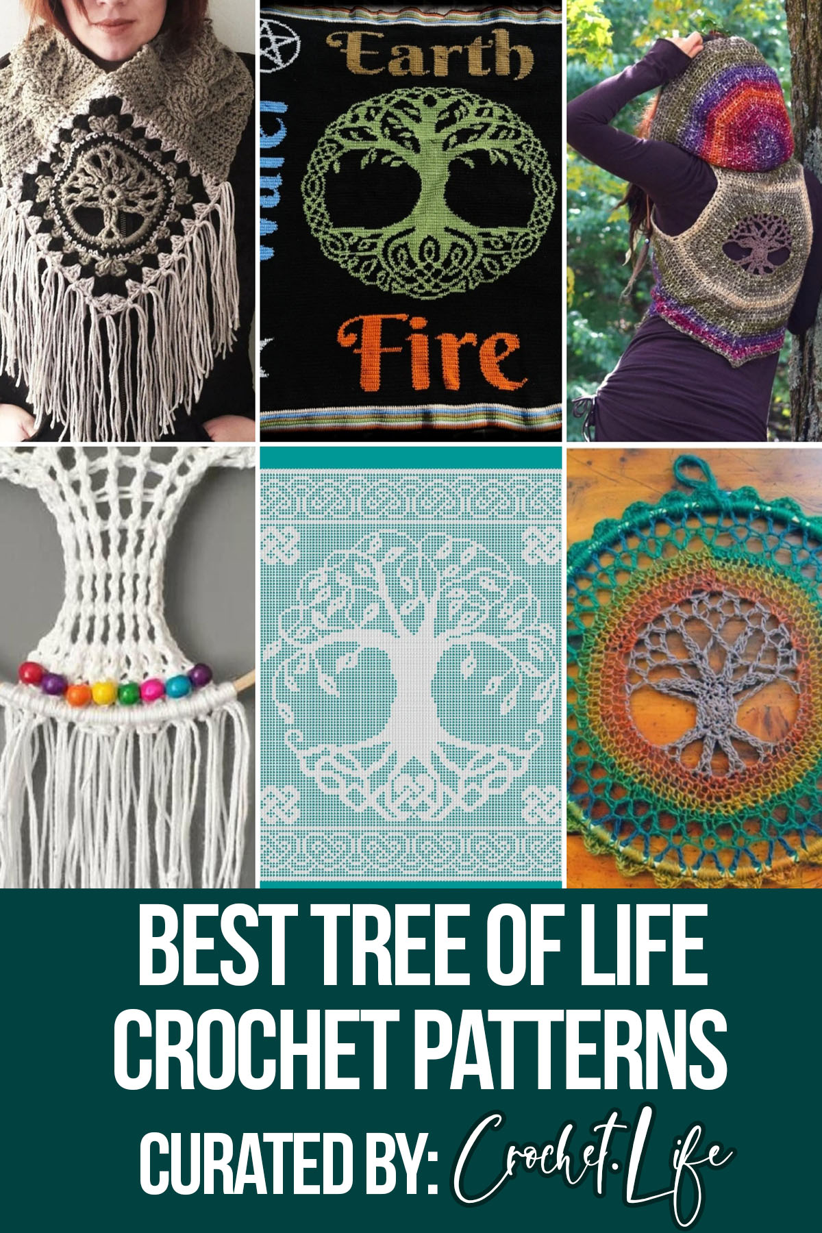 photo collage of tree of life crochet patterns with text which reads best tree of life crochet patterns curated by crochet.life