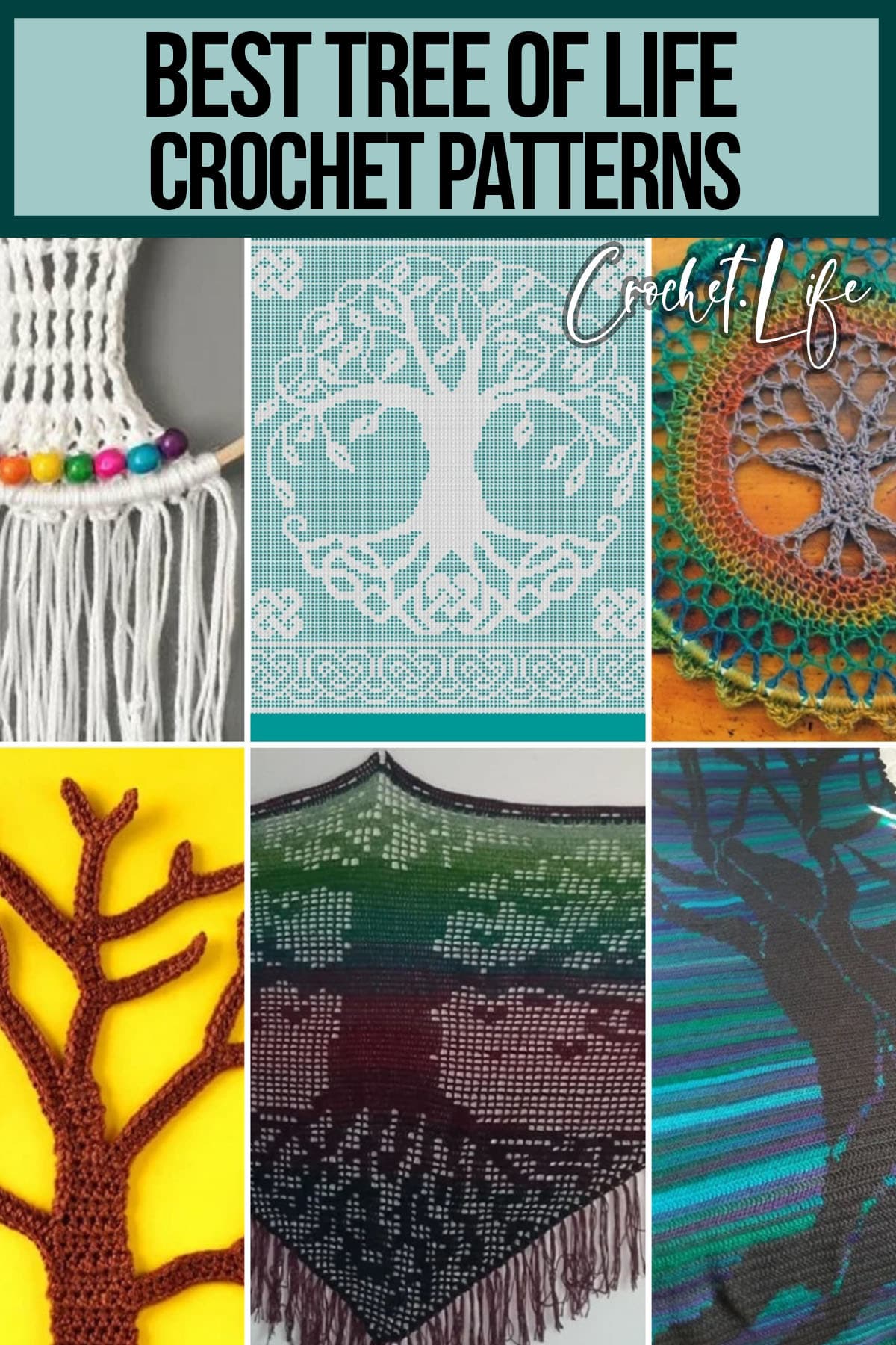 photo collage of crochet patterns for the tree of life with text which reads best tree of life crochet patterns