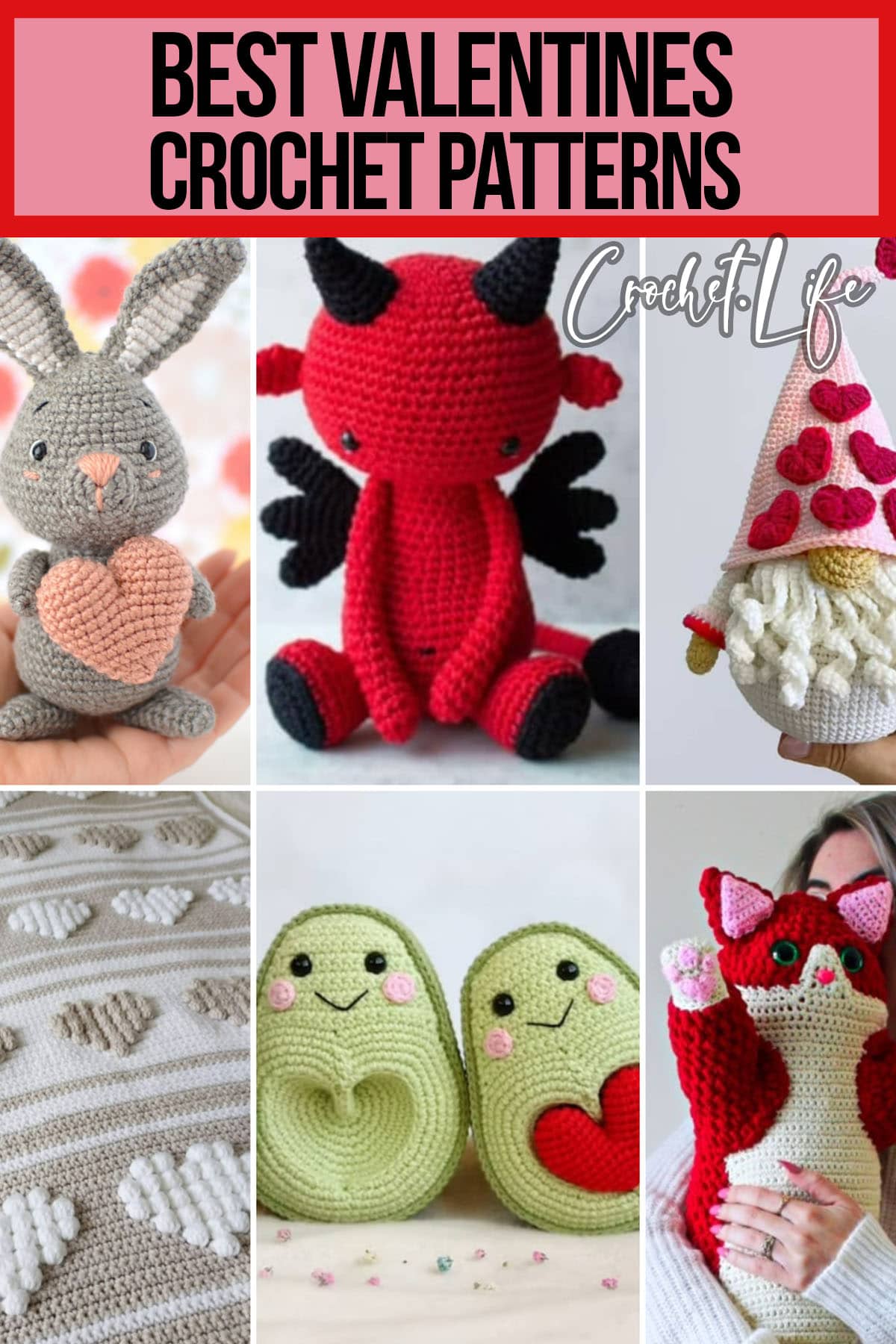 photo collage of valentines day crochet patterns with text which reads best valentines crochet patterns