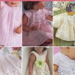 photo collage of vintage patterns for crochet baby dresses with text which reads best vintage baby dress crochet patterns