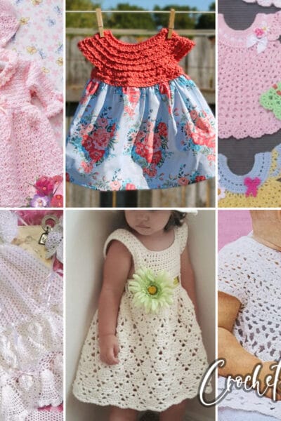 photo collage of vintage baby dress crochet patterns