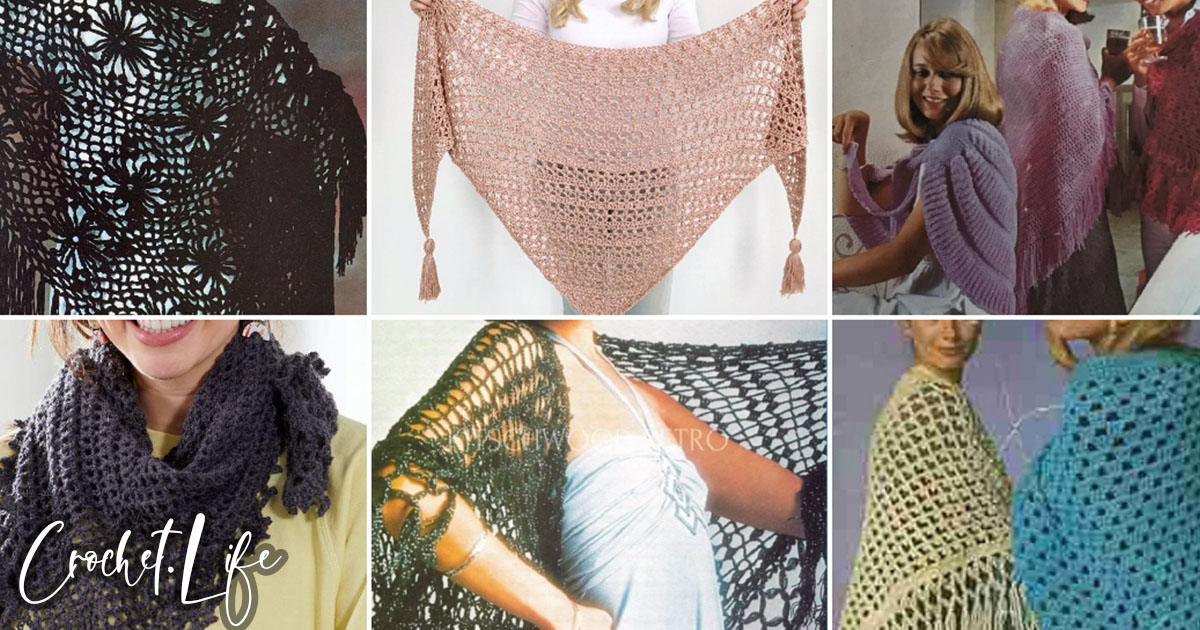 photo collage of vintage shawl crochet patterns 