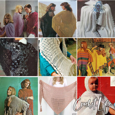 photo collage of vintage shawl crochet patterns