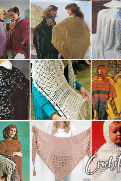 photo collage of vintage shawl crochet patterns