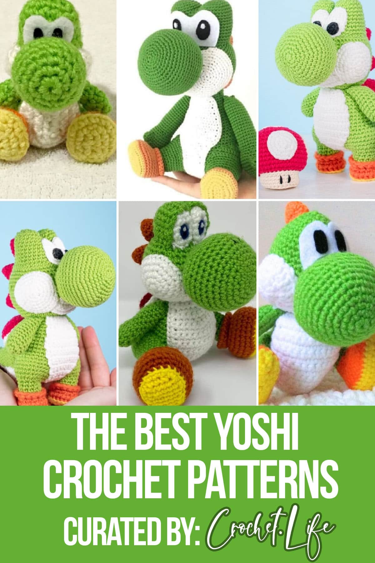 photo collage of crochet patterns of yoshi with text which reads the best yoshi crochet patterns curated by crochet.life