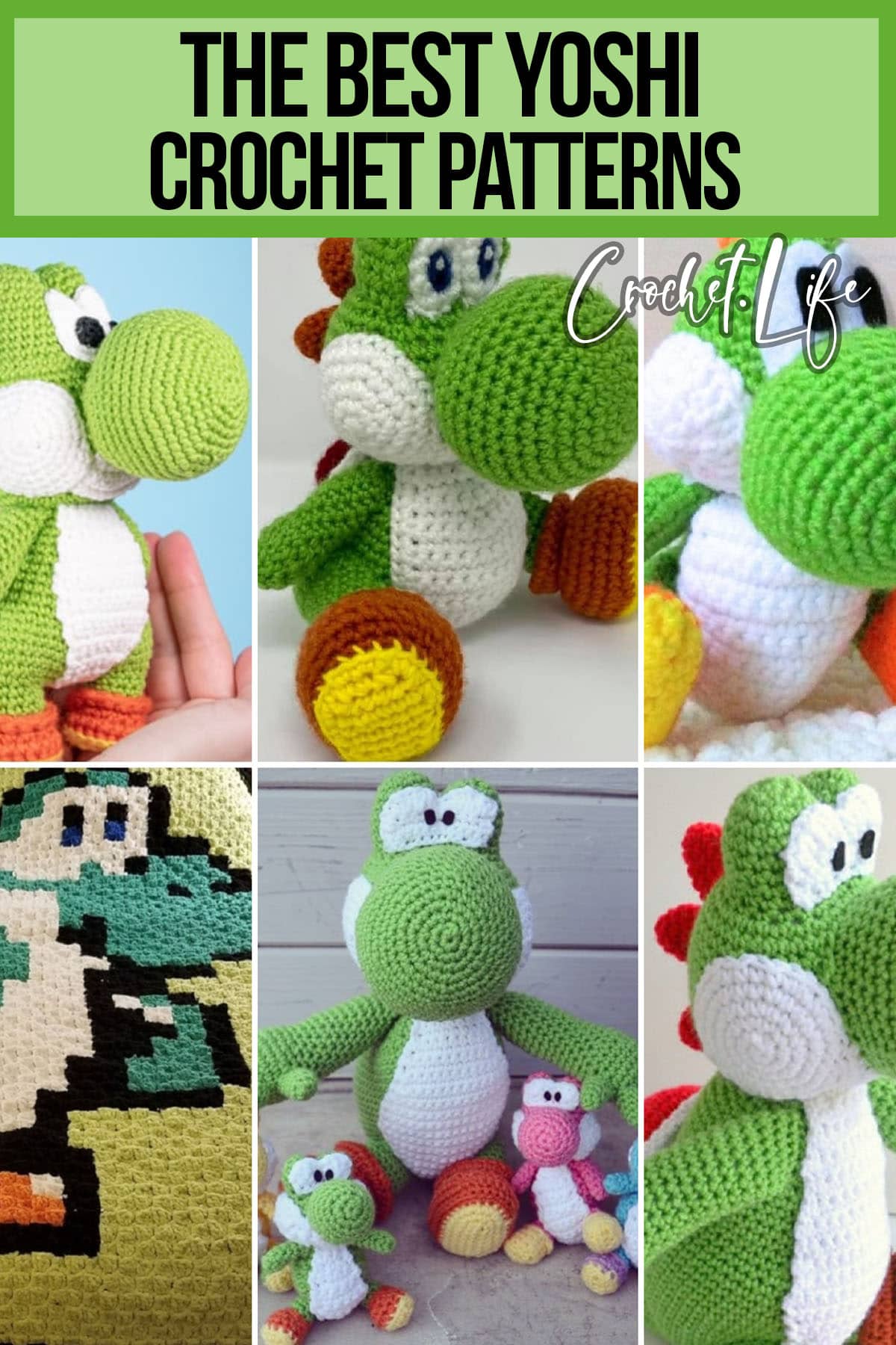 photo collage of yoshi crochet patterns with text which reads the best yoshi crochet patterns