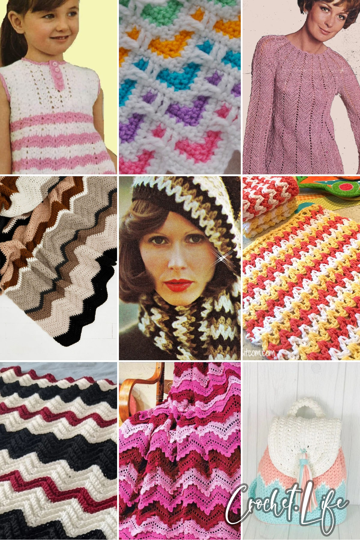 photo collage of crochet zig zag patterns