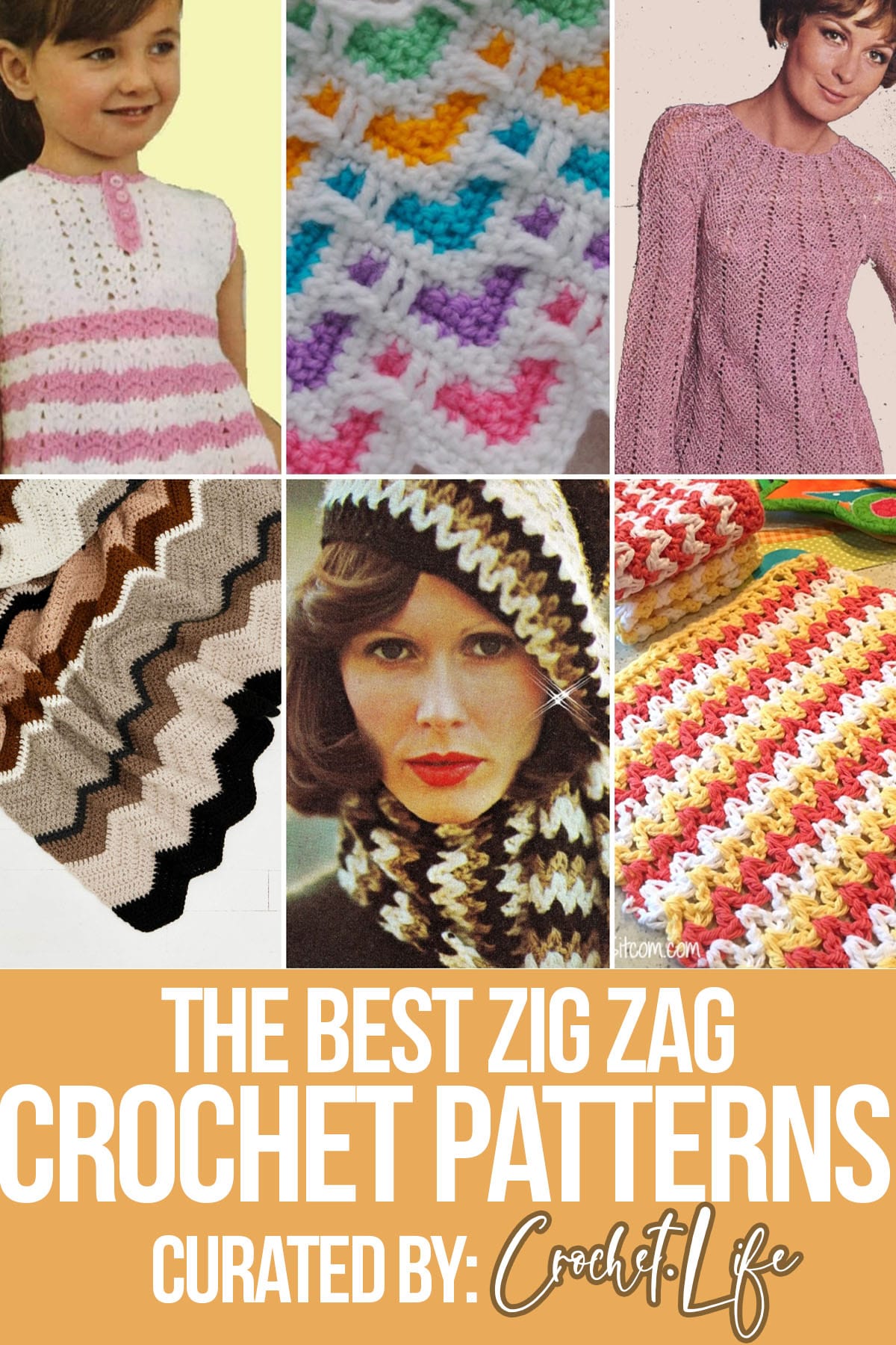 photo collage of crochet patterns for zig zag design with text which reads the best zig zag crochet patterns curated by crochet.life