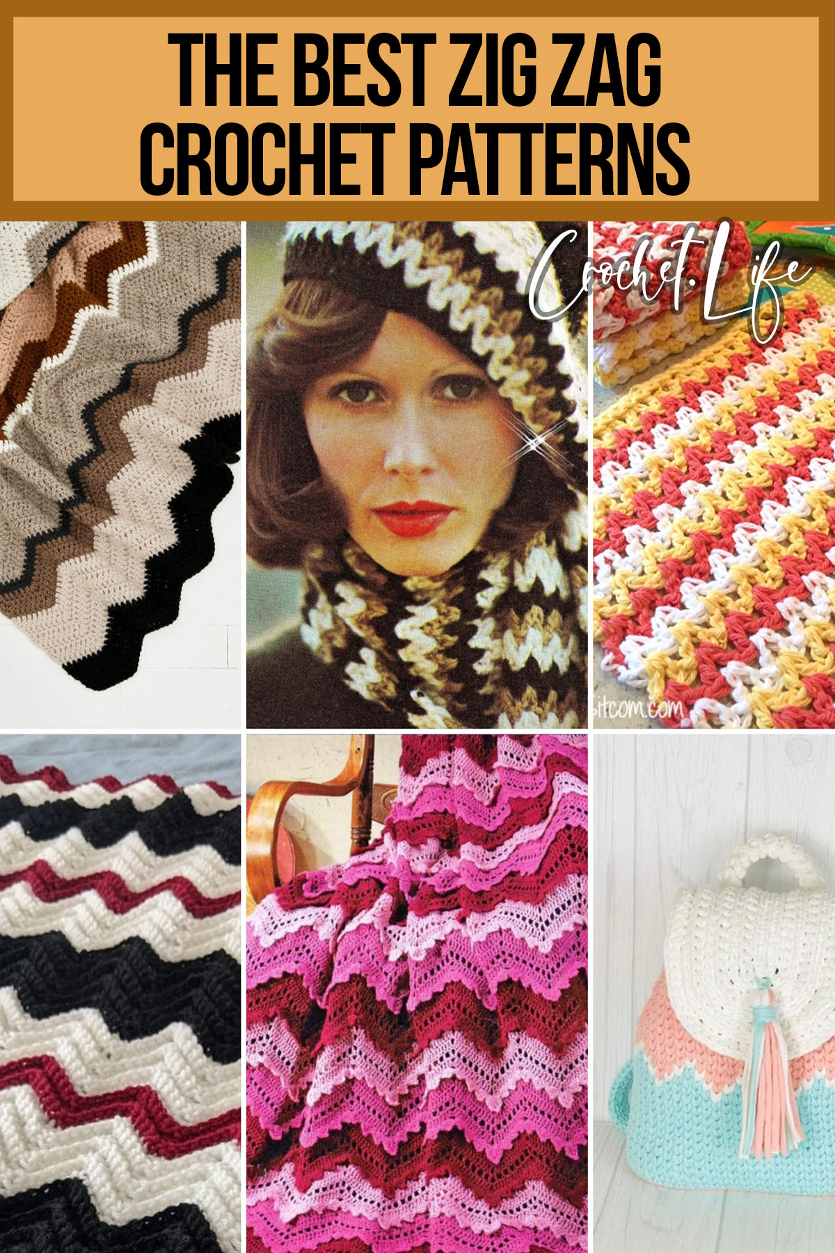 photo collage of patterns for zig zag crochet with text which reads the best zig zag crochet patterns