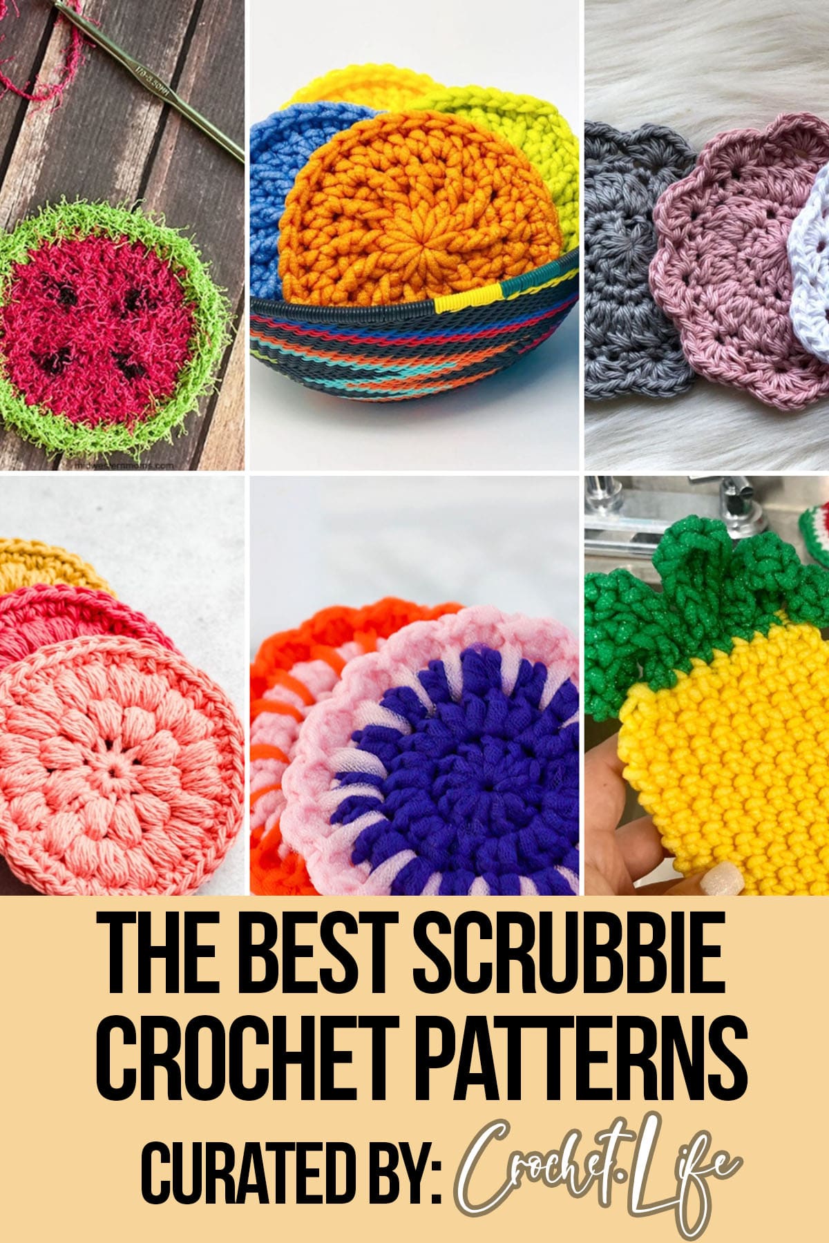 photo collage of crochet patterns for scrubbies with text which reads the best scrubbie crochet patterns curated by crochet.life