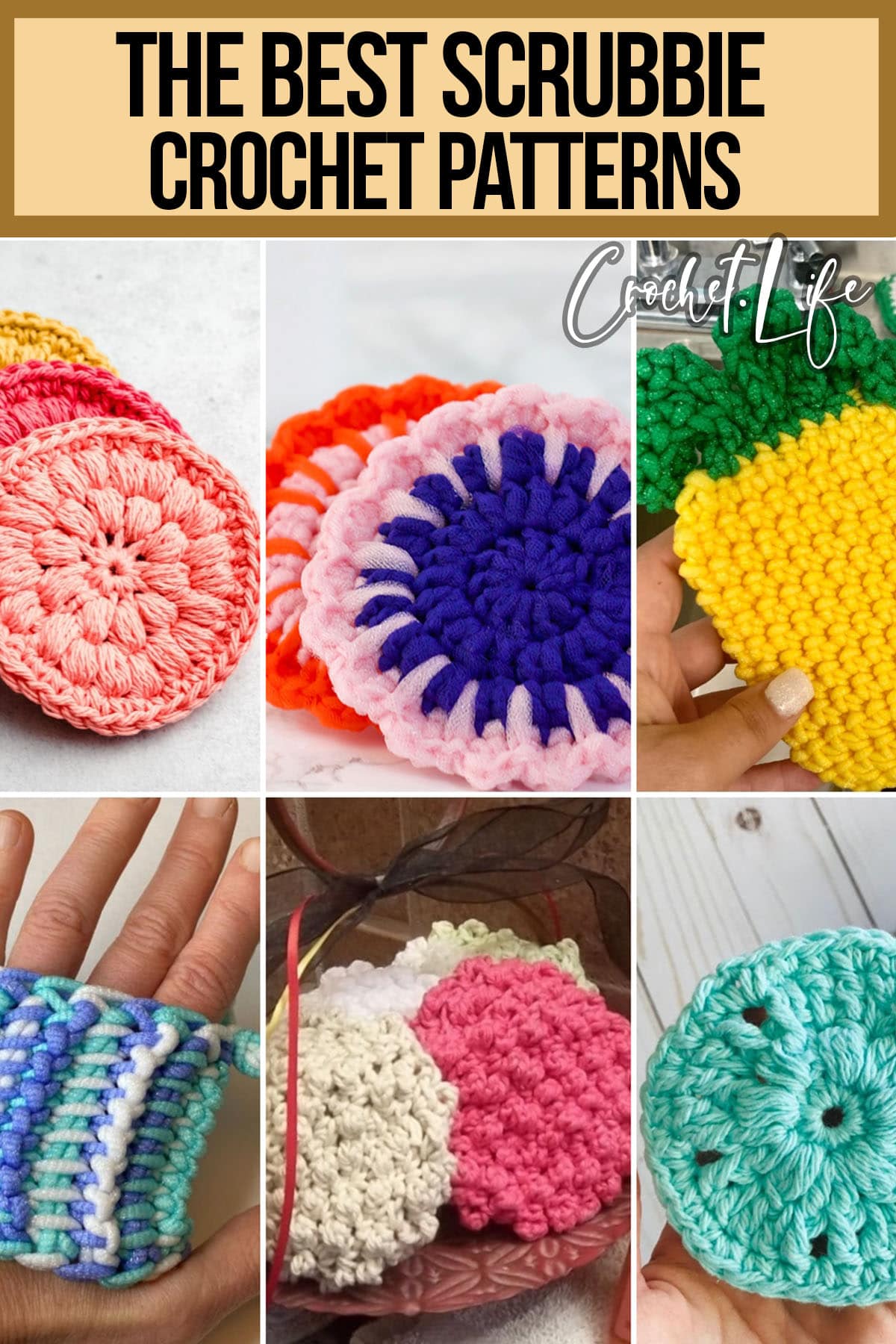 photo collage of scubby crochet patterns with text which reads the best scrubbie crochet patterns