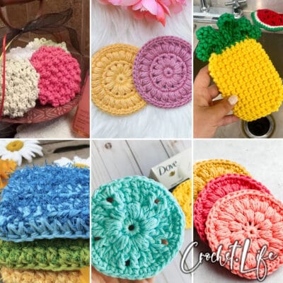 photo collage of scrubbie crochet patterns