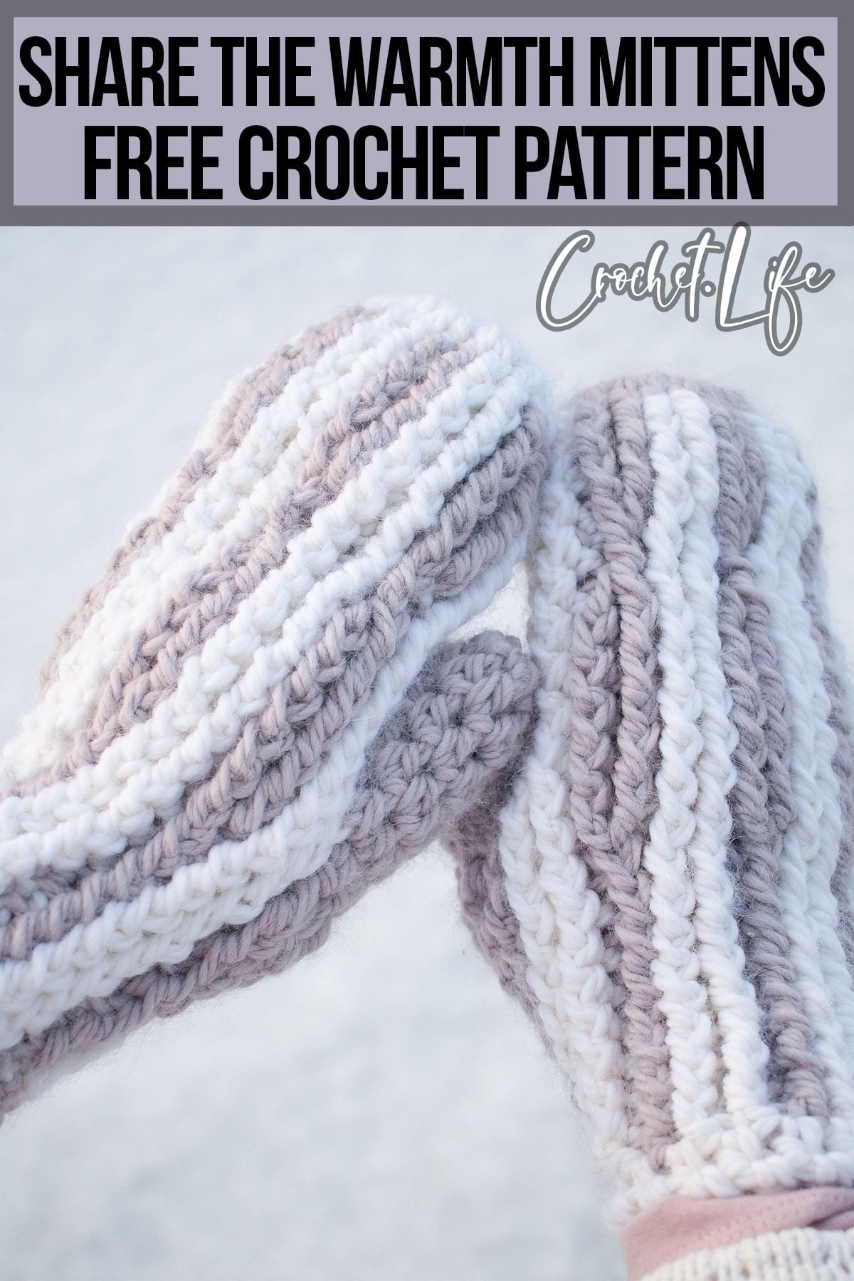 mitten free crochet pattern with text which reads share the warmth mittens free crochet pattern