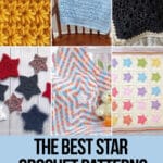photo collage of crochet patterns of stars with text which reads the best star crochet patterns curated by crochet.life