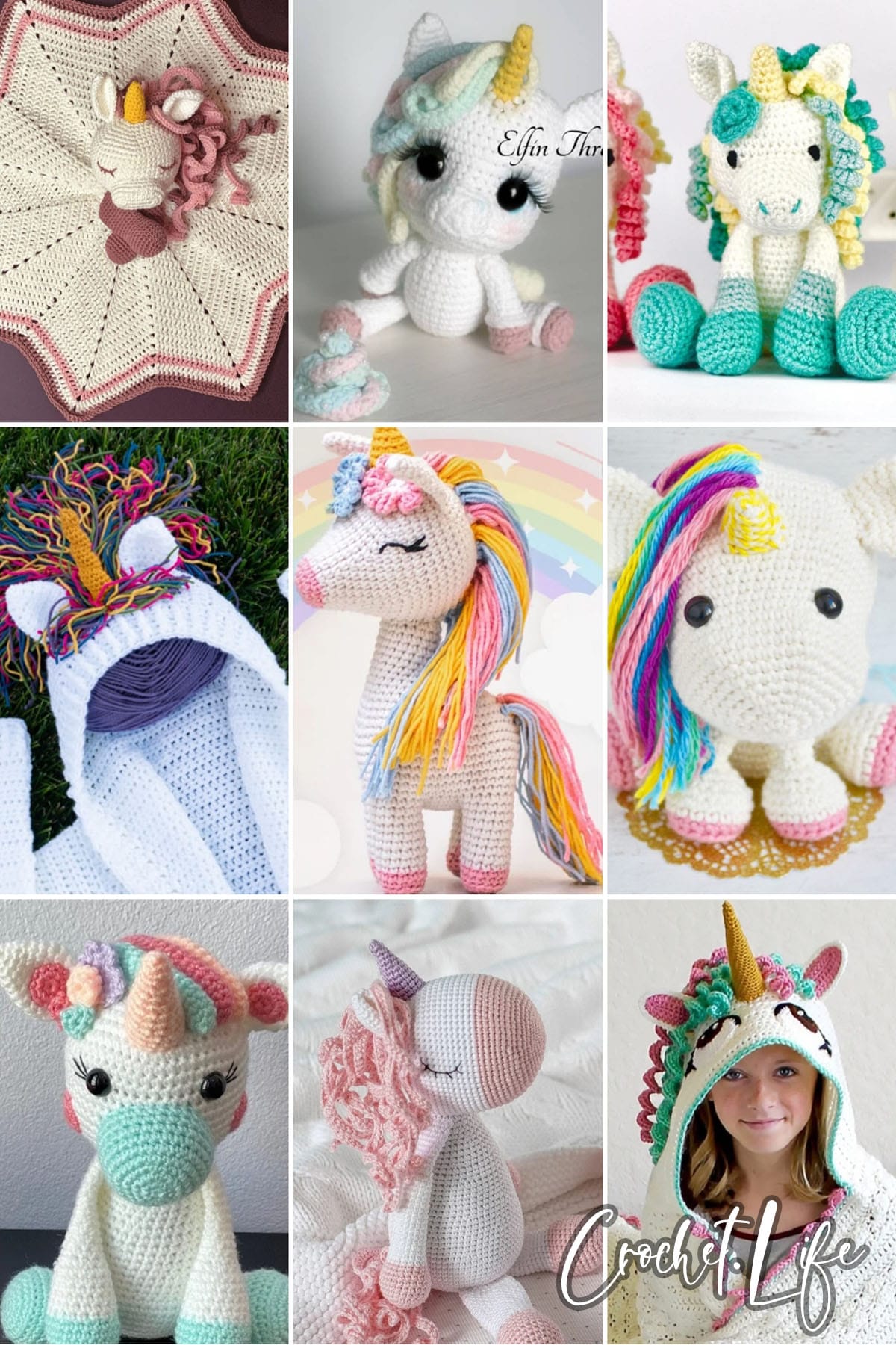 photo collage of crochet unicorn patterns