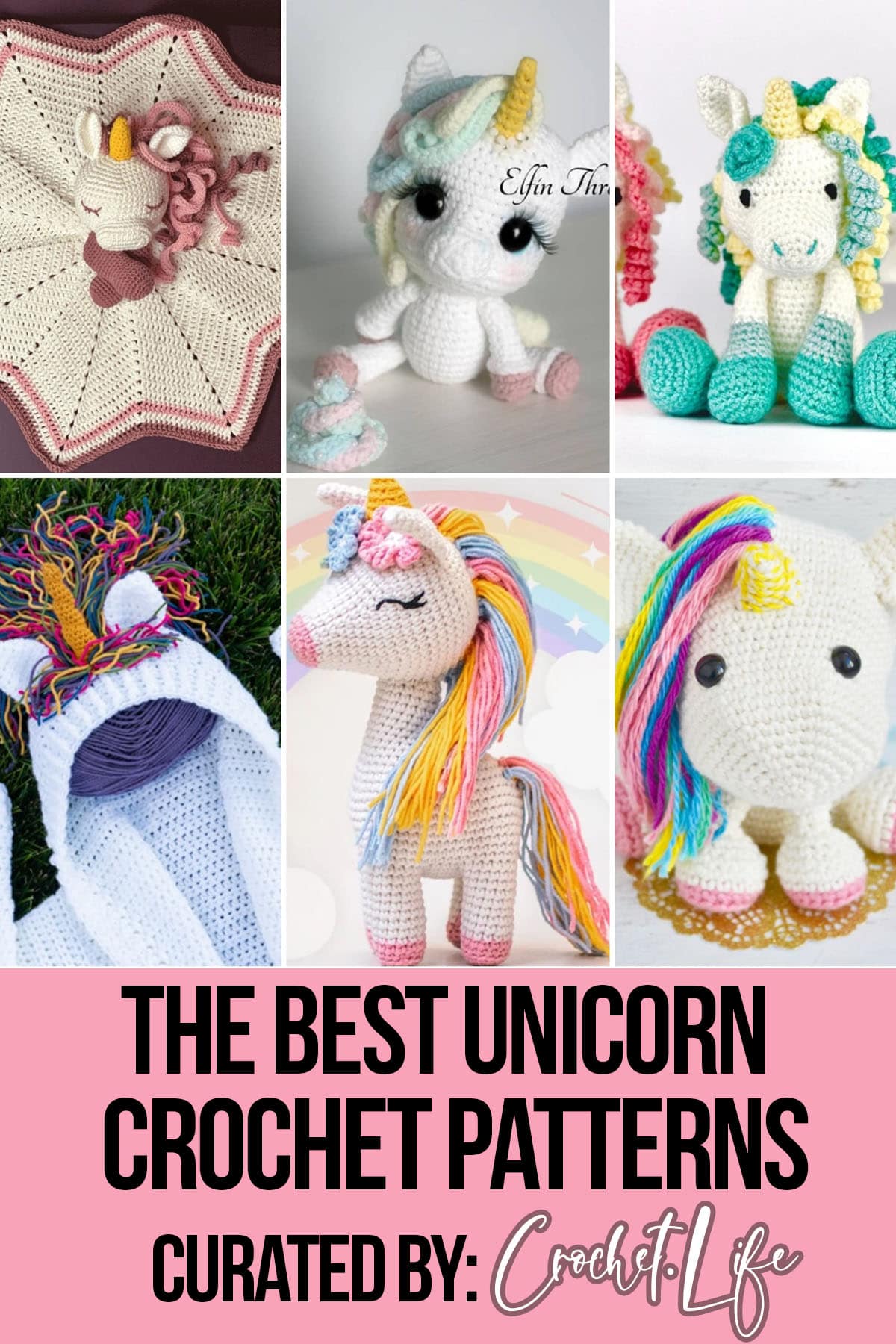 photo collage of crochet patterns of unicorns with text which reads the best unicorn crochet patterns curated by crochet.life