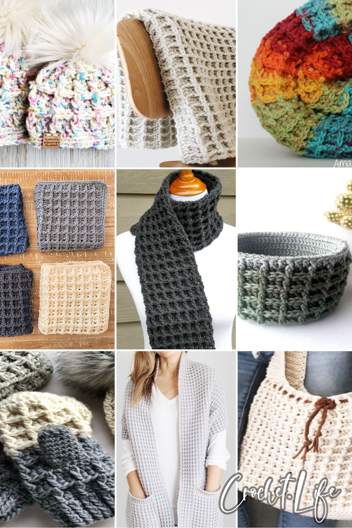 photo collage of crochet waffle stitch patterns