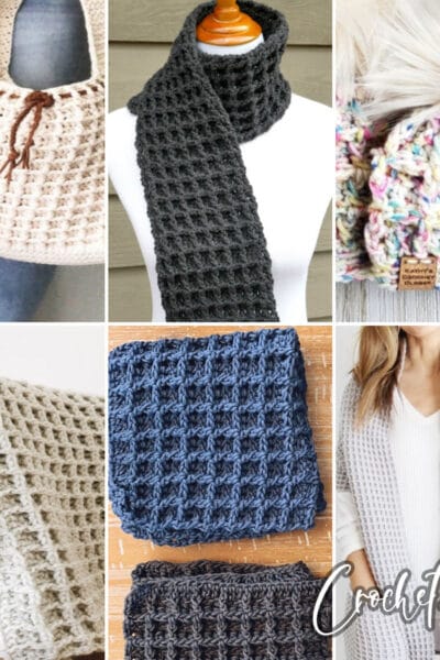 photo collage of waffle stitch crochet patterns