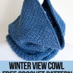neck warmer crochet pattern with text which reads winter view cowl free crochet pattern available at crochet.life