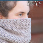 winter view cowl crochet pattern with text which reads winter view cowl free crochet pattern
