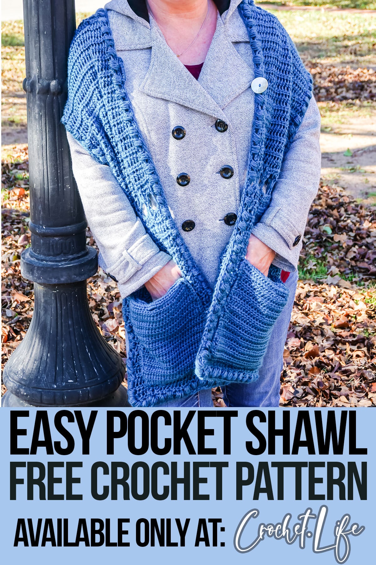 free crochet pattern for a pocket scarf with text which reads easy pocket shawl free crochet pattern