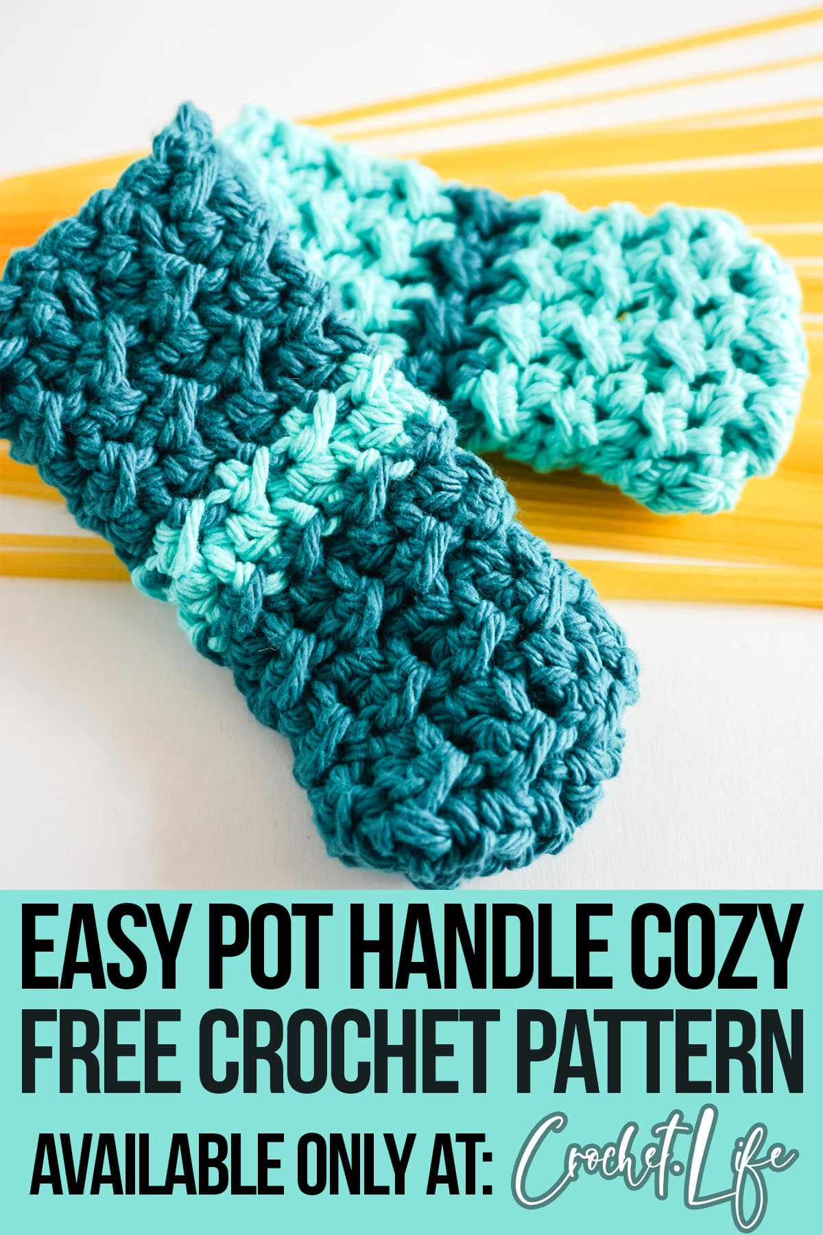 easy crochet project for beginners mini pot holder for pots with text which reads pot handle cozy free crochet pattern