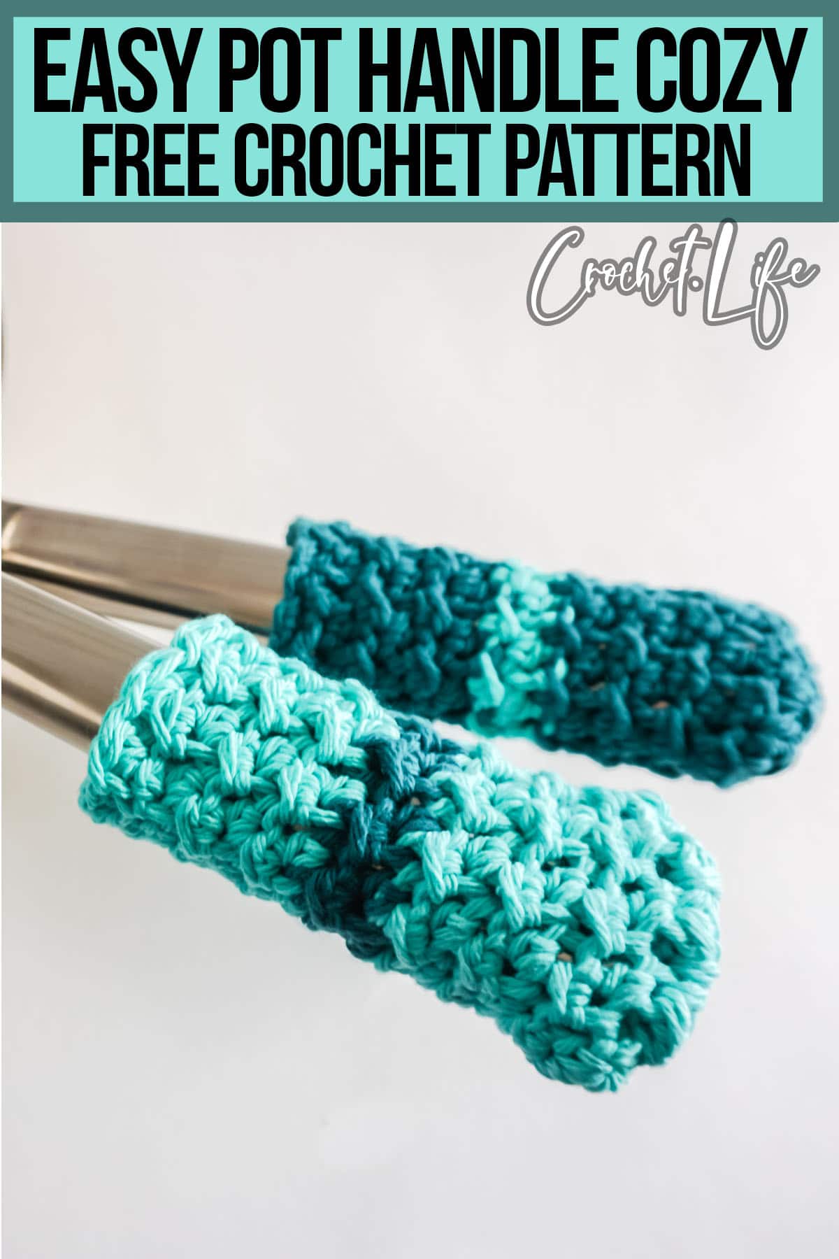 crochet pattern for pot handle protector with text which reads pot holder cozy free crochet pattern
