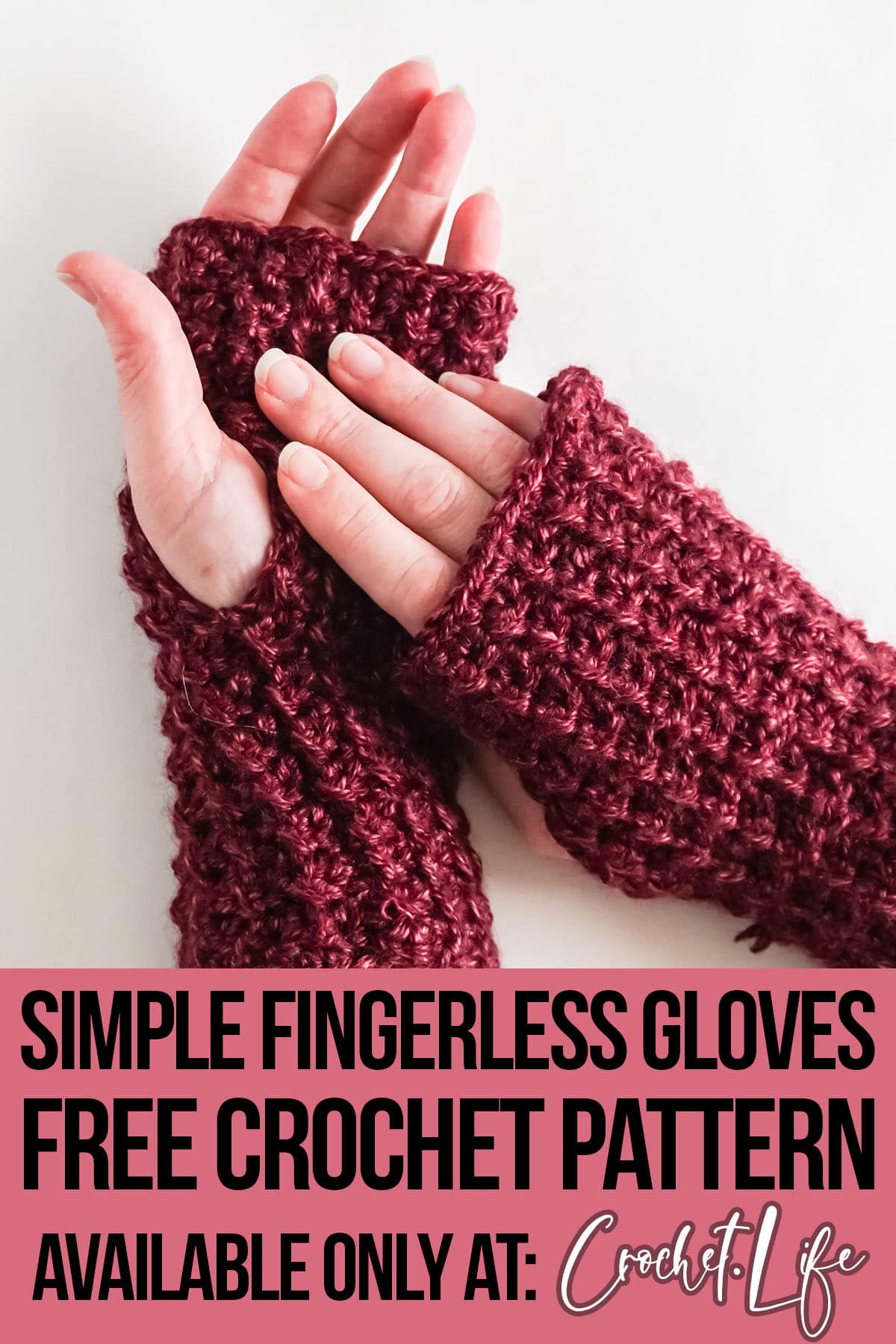 crochet pattern for finger less gloves with text which reads simple fingerless gloves free crochet pattern 