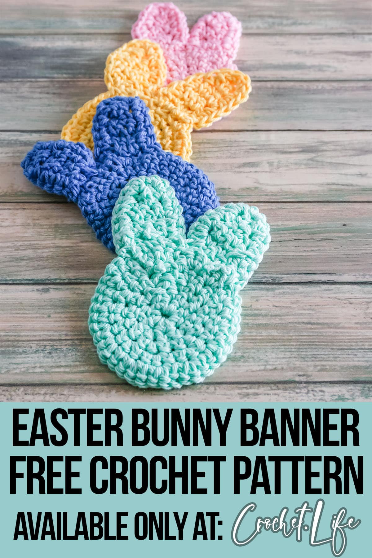 free crochet pattern easter garland with text which reads easter bunny banner free crochet pattern