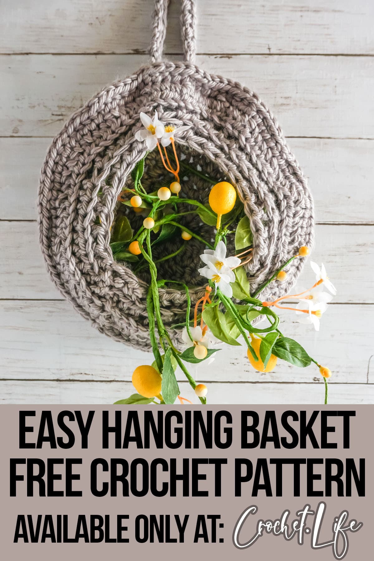 wall basket free crochet pattern with text which reads easy hanging basket free crochet pattern