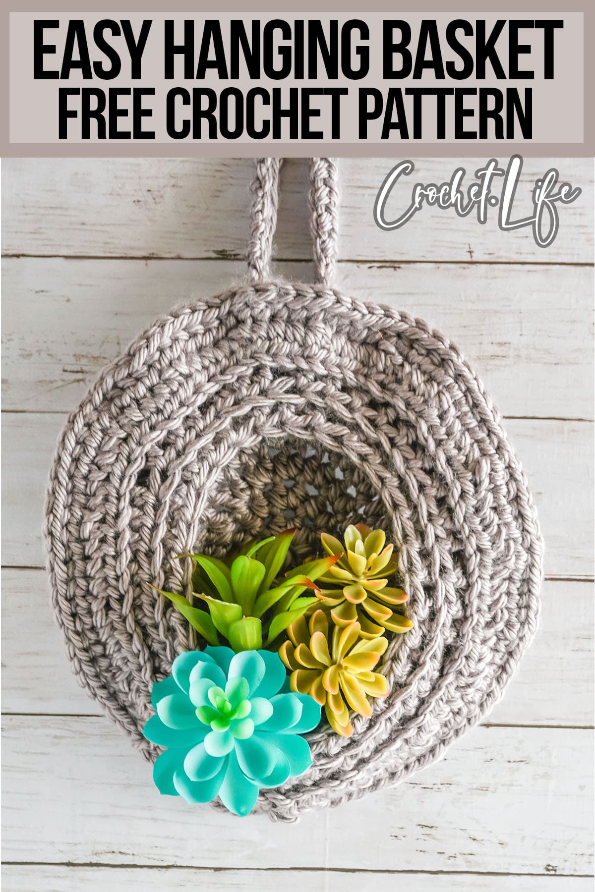 free pattern crochet hanging basket with text which reads easy hanging basket free crochet pattern