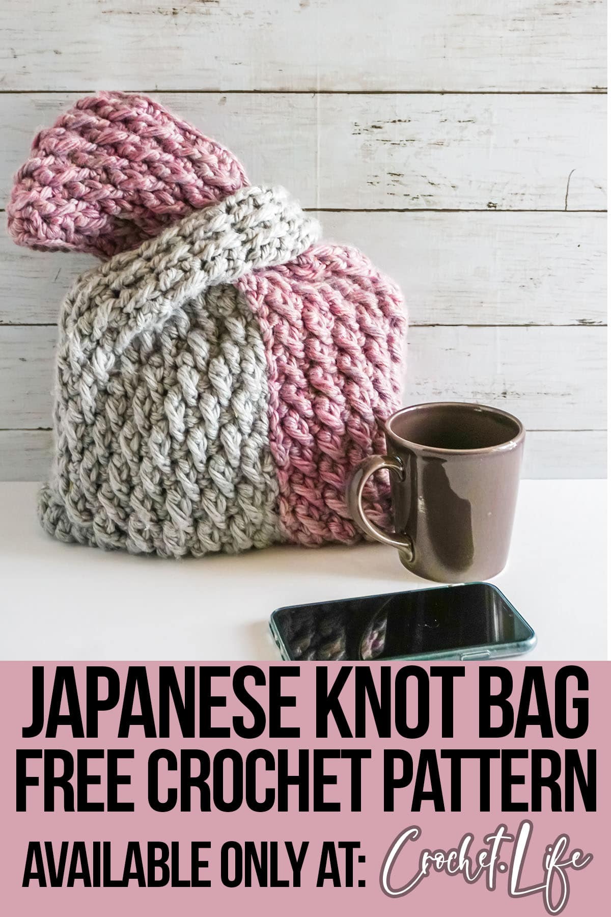 easy alpine stitch crochet pattern for a purse with text which reads japanese knot bag free crochet pattern