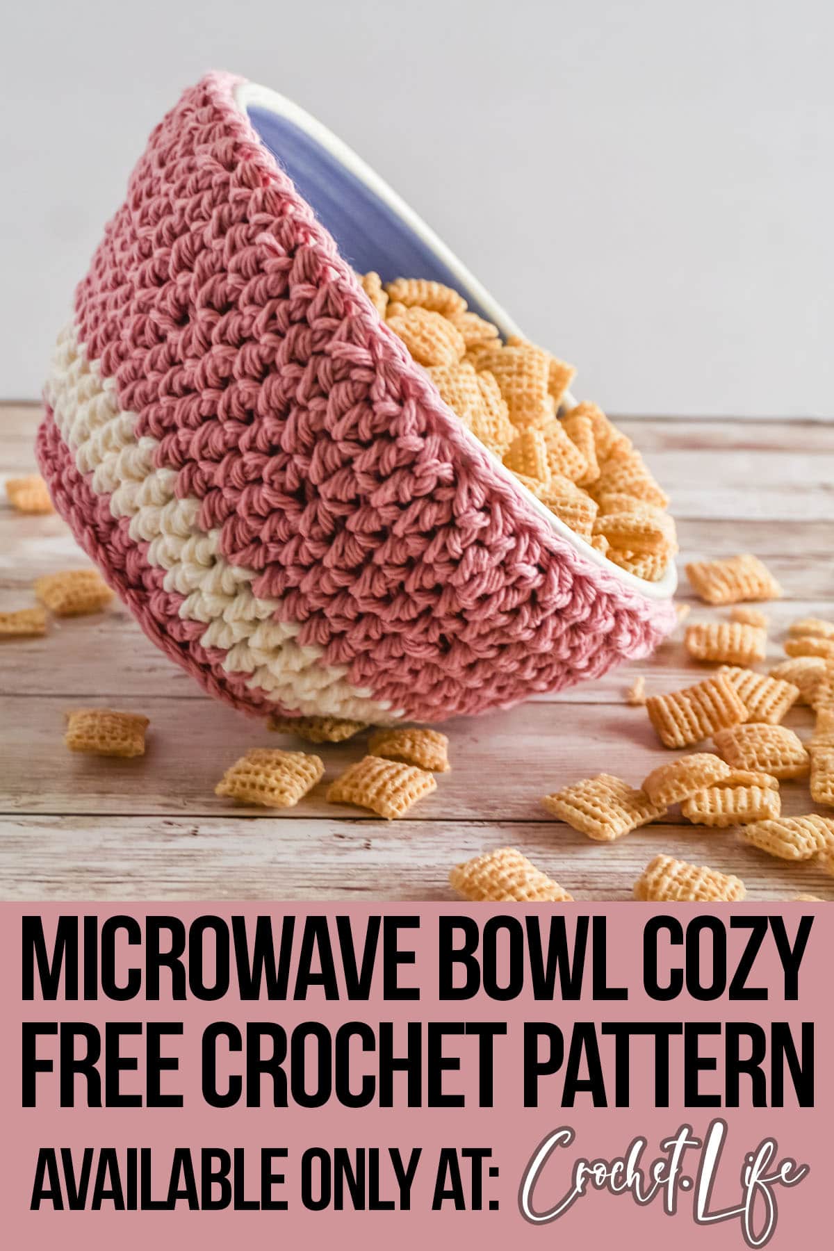 easy crochet pattern for a microwave bowl holder with text which reads microwave bowl cozy free crochet pattern
